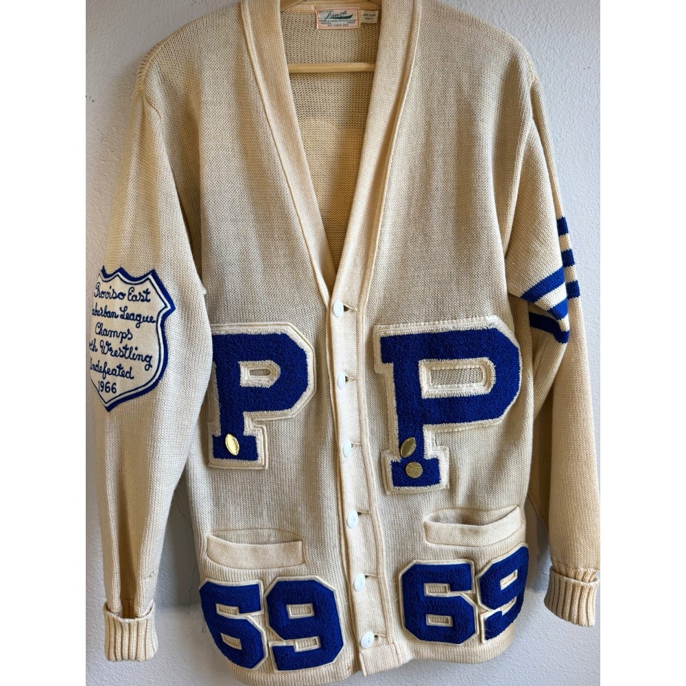 Vintage Lanza Men's Wool Varsity Letterman Cardigan Patch V-Neck M Cream